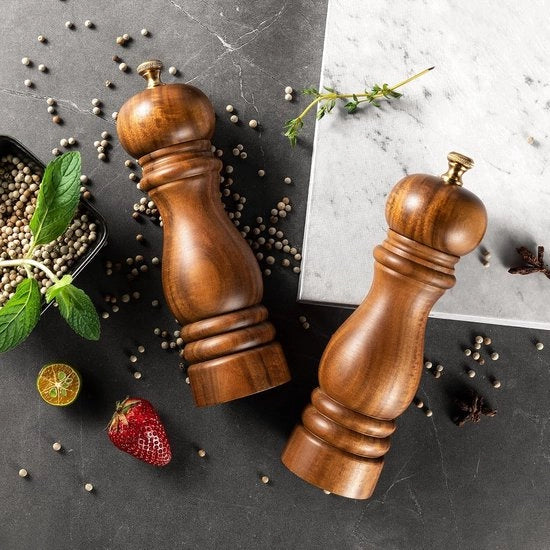 Set di Molini per Pepe e Sale in Legno Artigianale con Meccanismo di Macinazione Ceramica, Regolabile, 17,8 cm, Riscaldabile