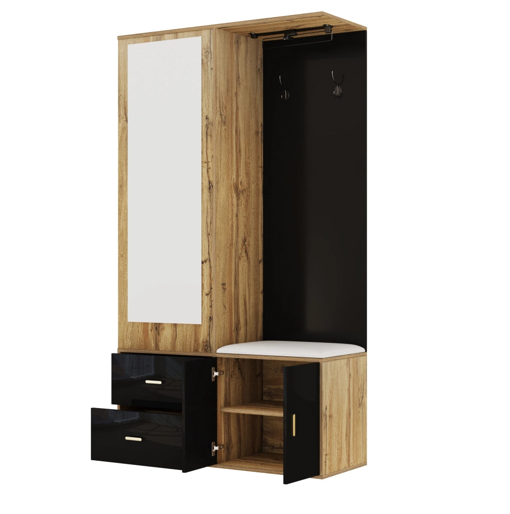 Guardaroba da ingresso con specchio; scarpiera e panca 100x38x180 cm; nero e naturale