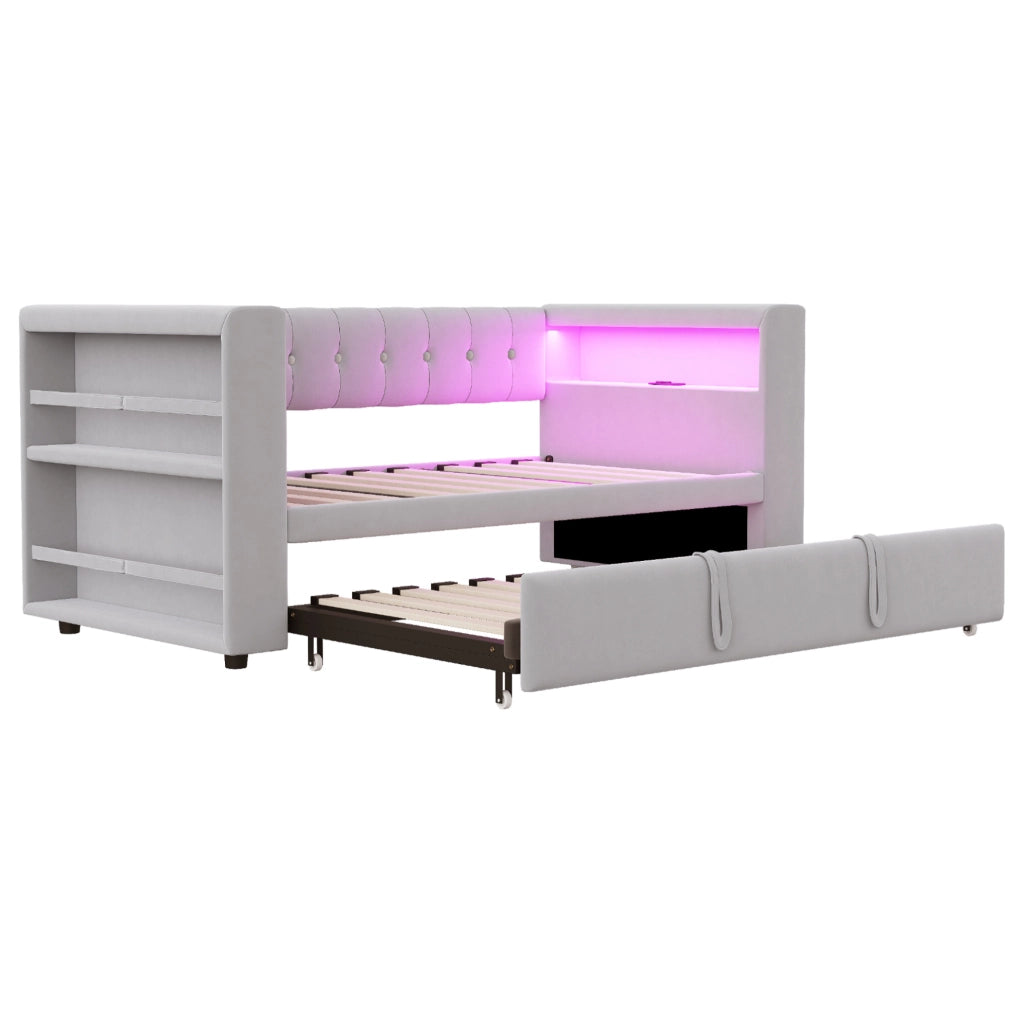 Divano letto multifunzionale 90/180x190 cm con LED; prese e vano contenitore; grigio chiaro