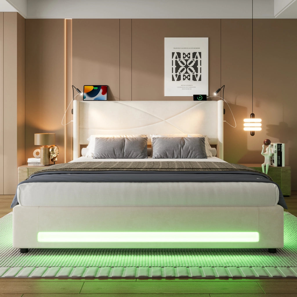 OKWISH Letto Contenitore 140×200 cm, Letto Matrimoniale con USB, Lampade da Lettura e LED Regolabile, senza Materasso, in Velluto, Beige