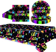 Servizio da 16 persone con decorazioni neon per feste, servizio da tavola per bambini con bagnasciuga, bagnasciuga e tovaglioli per feste in stile neon.