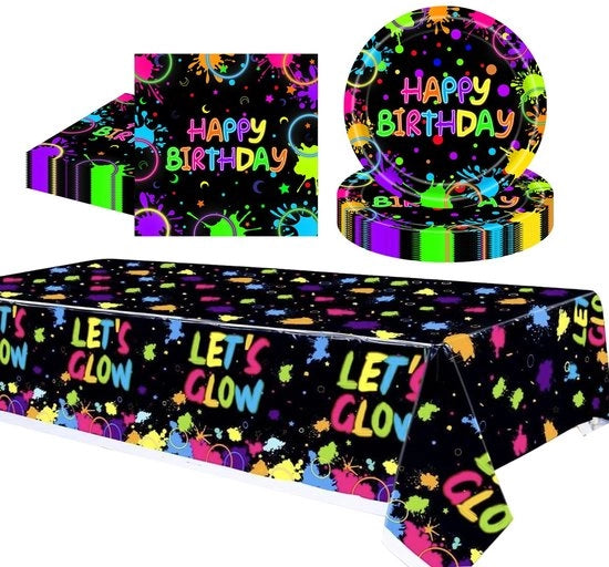 Servizio da 16 persone con decorazioni neon per feste, servizio da tavola per bambini con bagnasciuga, bagnasciuga e tovaglioli per feste in stile neon.