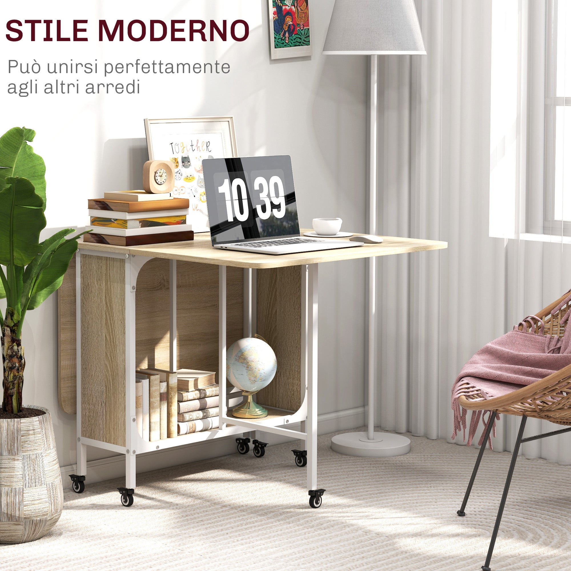 Tavolo Salvaspazio Pieghevole a 2 Ribalte per 6 Persone 130x80x74 cm Bianco e color Legno