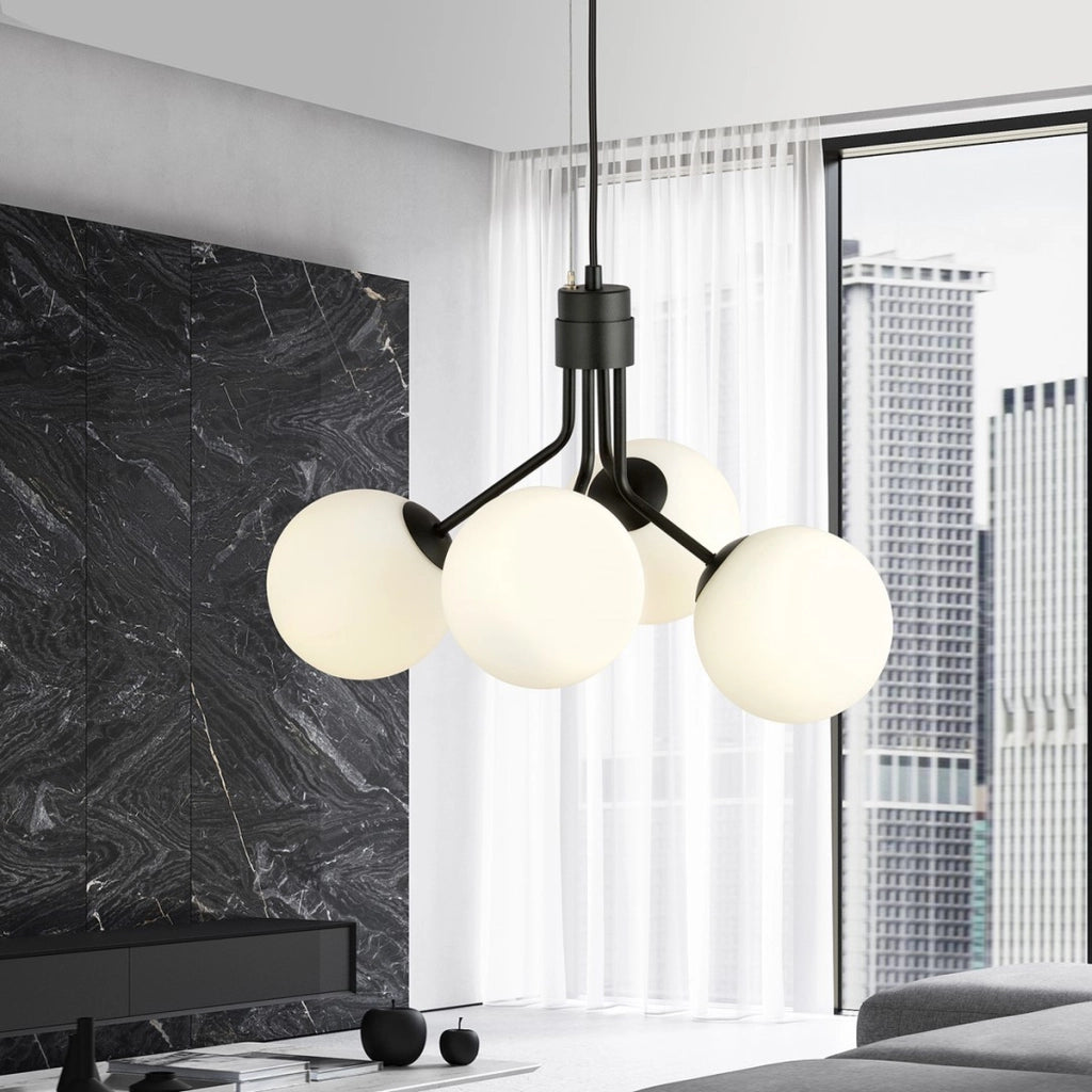 Lampada a sospensione NOVA in acciaio nero e vetro opale