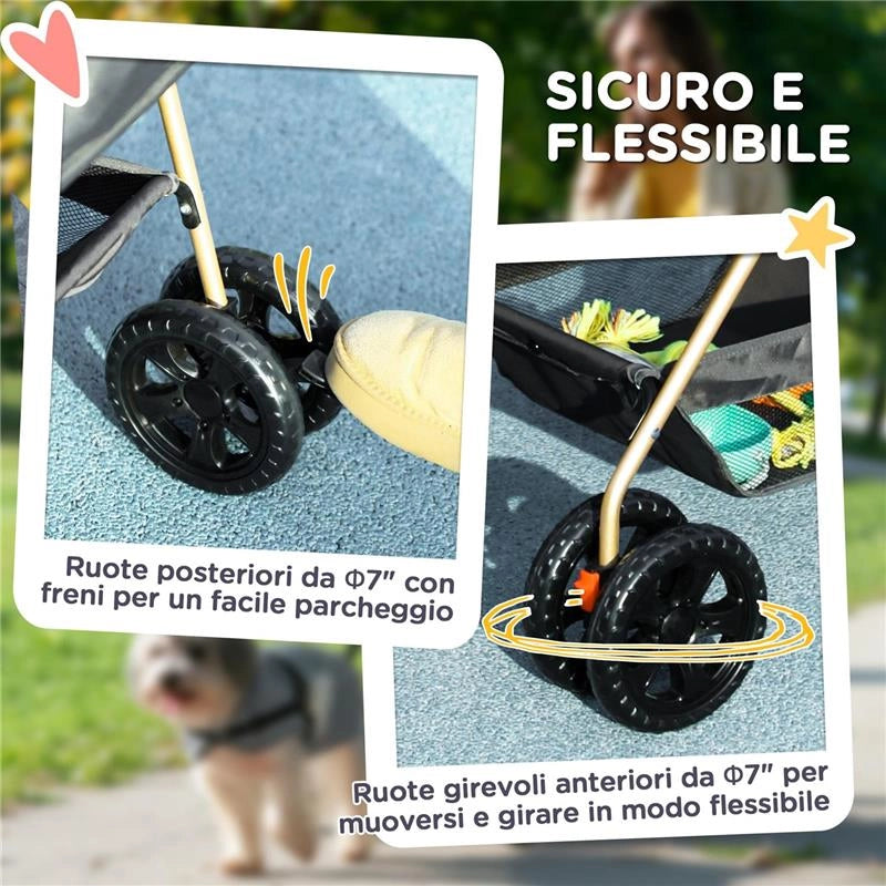 PASSEGGINO PER CANI 3 IN 1 PIEGHEVOLE CON BORSA TRASPORTINO E CESTINO INFERIORE GRIGIO