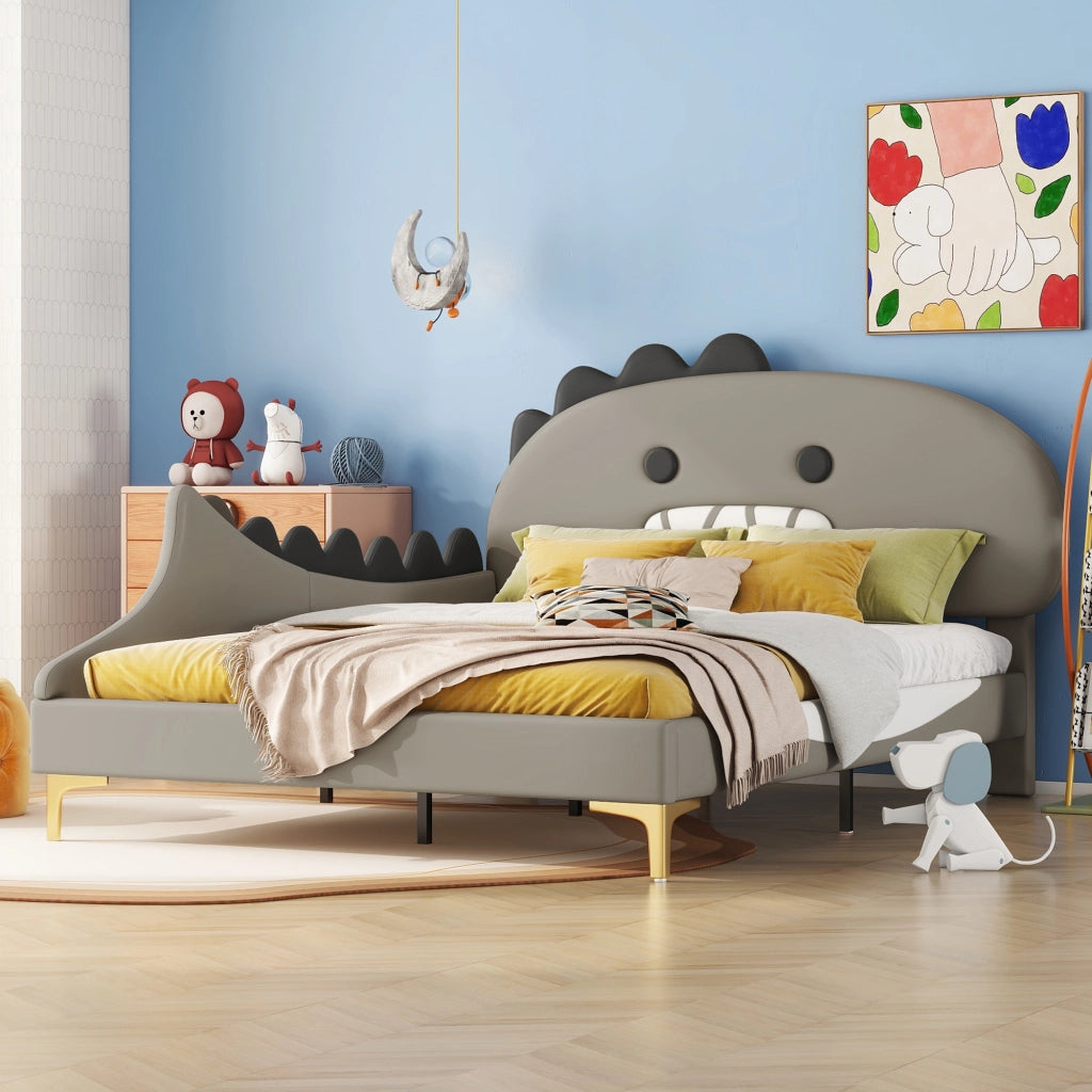 Letto basso per bambini grigio con testiera a forma di dinosauro in PU 140x200 cm