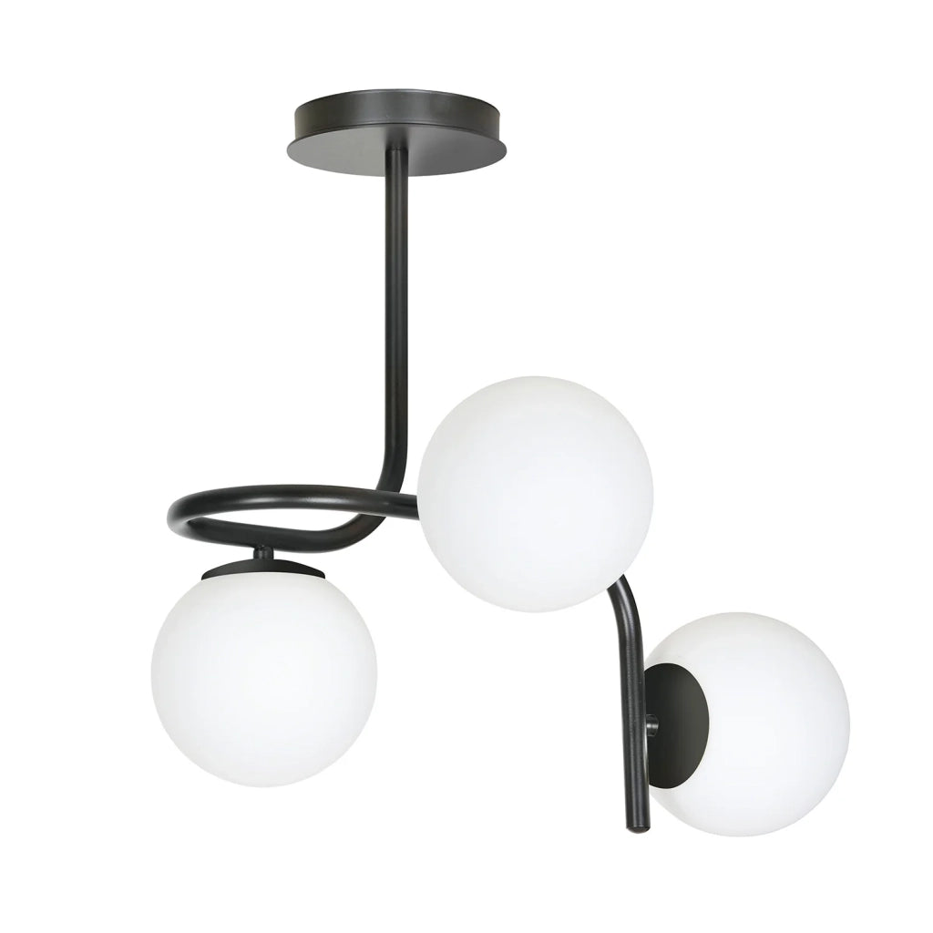 Lampadario 3 Luci Rama In Acciaio Nero A Bracci E Sfere In Vetro Opalino