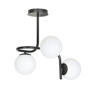 Lampadario 3 Luci Rama In Acciaio Nero A Bracci E Sfere In Vetro Opalino