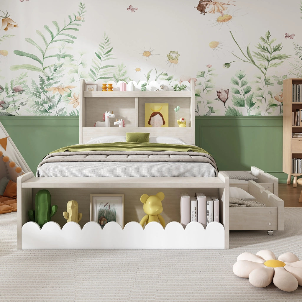 Letto singolo 90x200 cm in legno con 2 cassetti, ripiani e seduta contenitore, bianco e effetto rovere, con rete a doghe