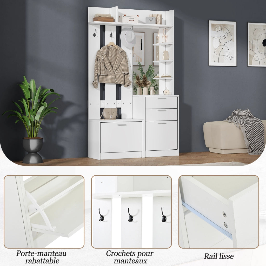 Appendiabiti con specchio; 2 cassetti; 2 scarpiere; 3 ganci e ripiani per ingresso 110 Ã— 34 Ã— 185 cm