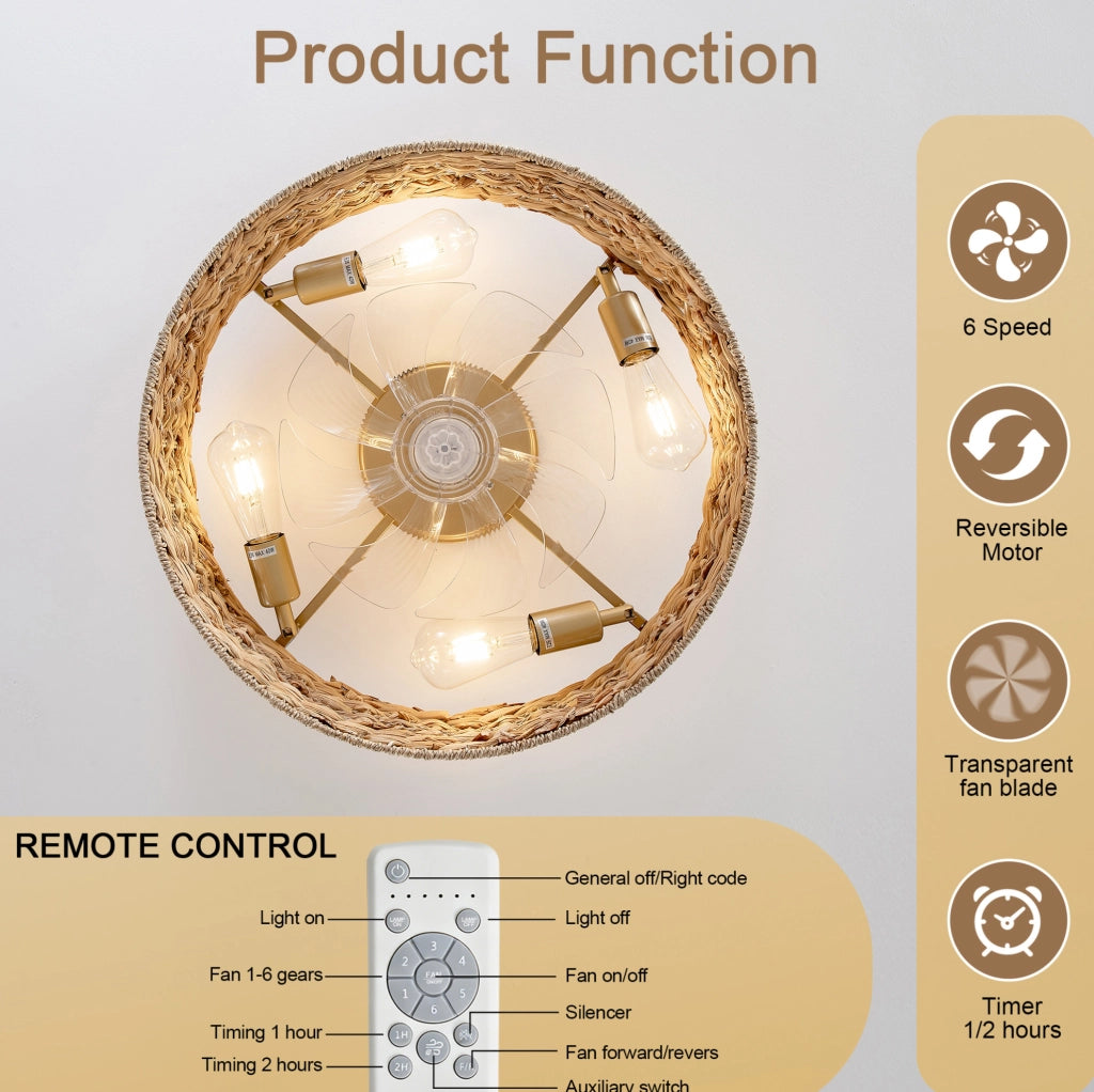 Ventilatore da soffitto con luce, 4 attacchi E26, controllo Bluetooth e telecomando, rame