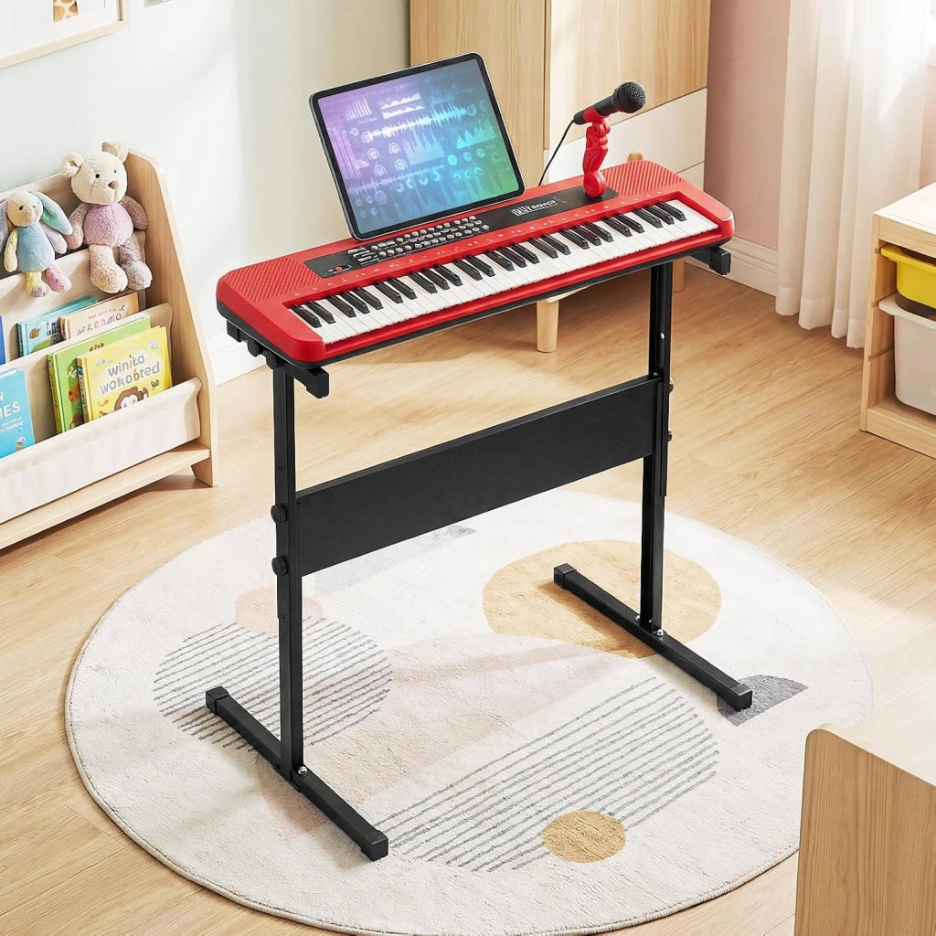 Tastiera elettronica per bambini di 3 anni+, microfono e leggio, pianoforte digitale 61 tasti con supporto regolabile, pianoforte elettronico, 200 toni e ritmi, 20 demo (rosso)