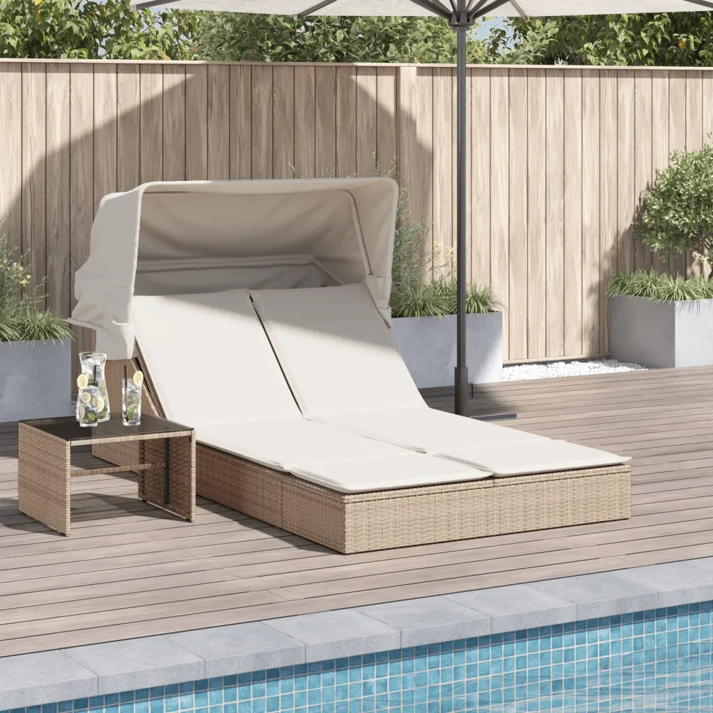 Sdraio da giardino | Lettino Doppio con Baldacchino e Cuscini Beige in Polyrattan