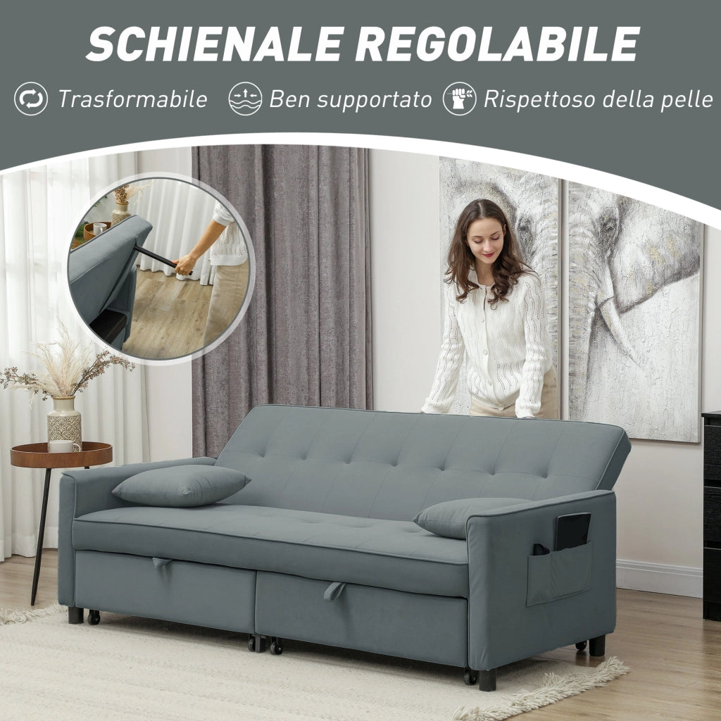 Divano Letto 3 Posti Clic Clac 196x90x89 cm con Schienale Reclinabile e 2 Cuscini Grigio
