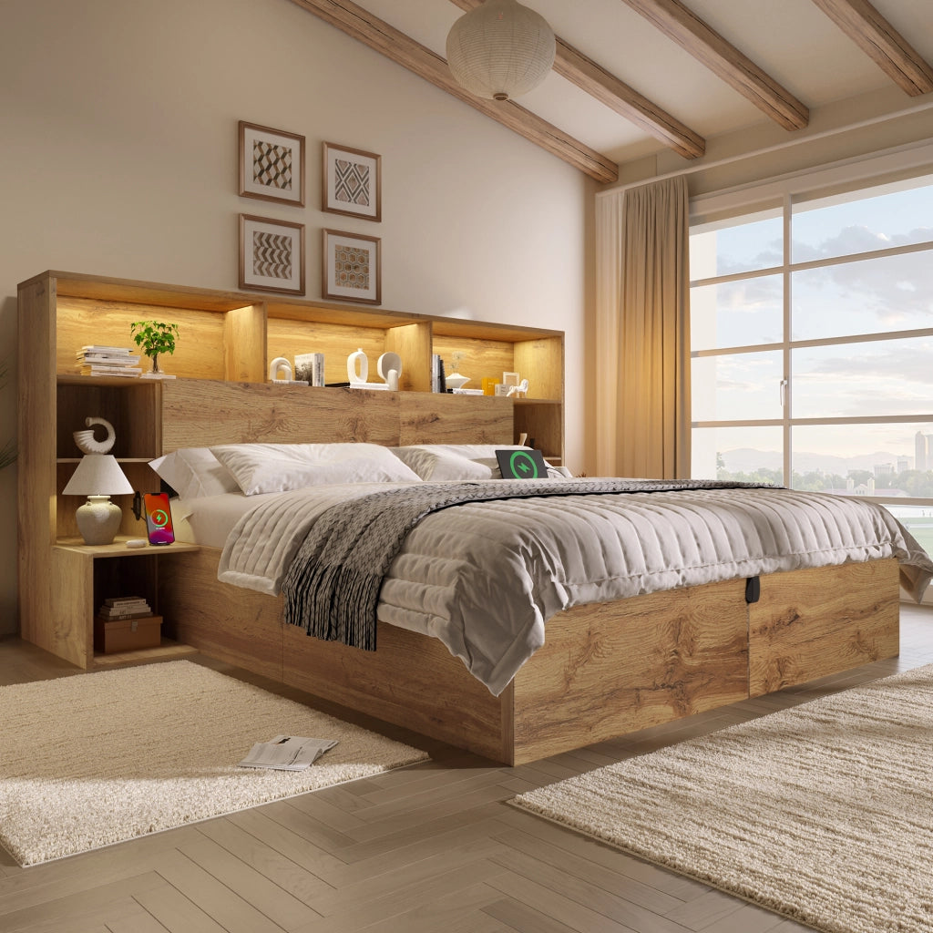 OKWISH Letto Contenitore 160×200 cm, Letto Matrimoniale con LED Regolabile, USB e Tipo C, Mensole e Comodini Integrati, con Materasso, Rovere