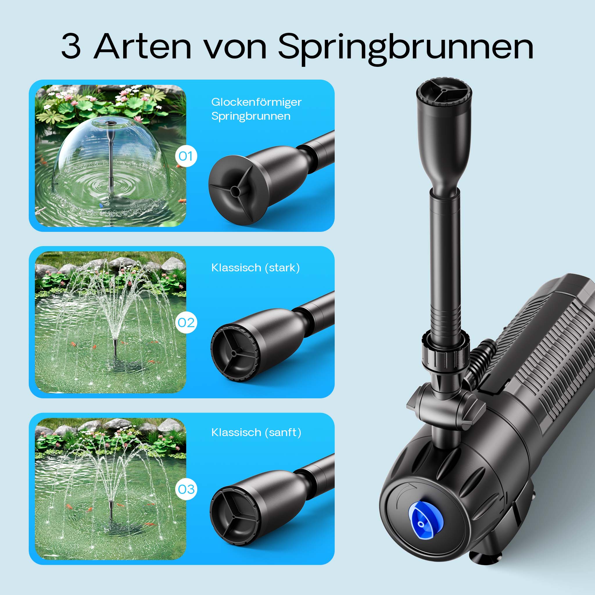 CUP-129 Pompa fontana con UVC 9W, 1000 l/h 24W, 4 giochi d'acqua, Pompa filtro laghetto