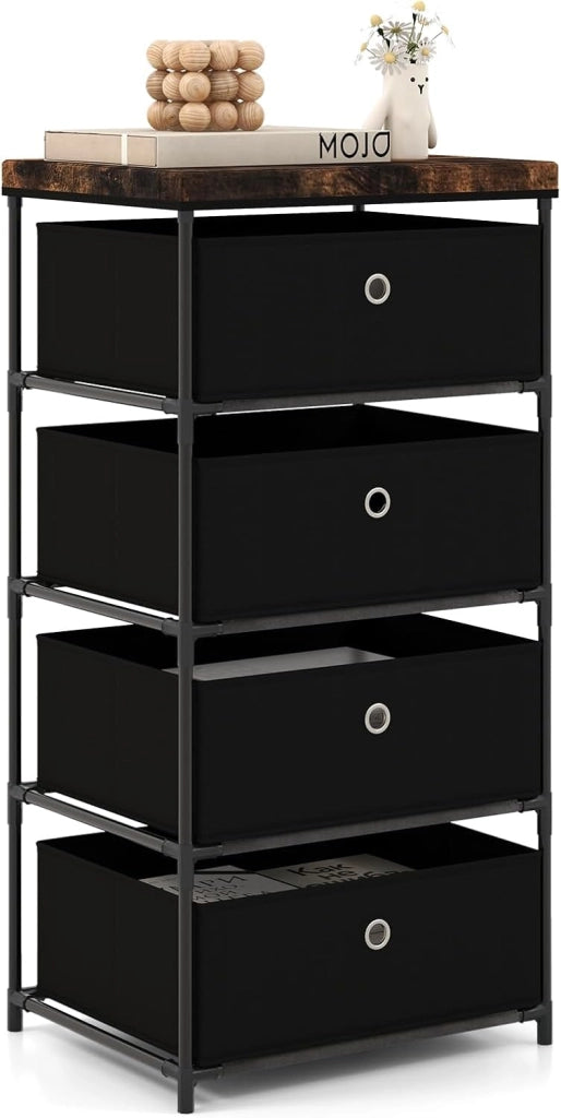 Cassettiera in Tessuto, Mobile con 4 Cassetti e Struttura Robusta in Metallo, Mobiletto Salvaspazio per Camera da Letto, Corridoio, Ingresso e Armadio, 42 x 33,5 x 84,5 cm (Nero)
