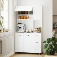Credenza da Cucina Moderna con Cassetti, Armadietti e Ripiani Aperti, 100x39.5x183.5cm, Bianco