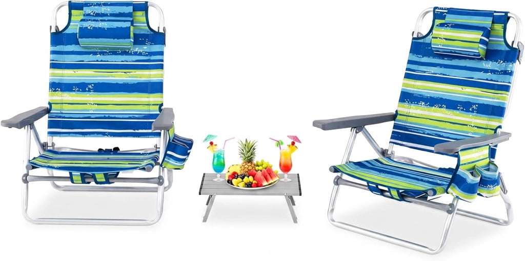 Set di 2 Sedie e Tavolino da Spiaggia Pieghevole, Schienale Regolabile a 5 Livelli, con Portatesta, Borsa Portaoggetti, Borsa Termica, per Campeggio Picnic Esterno (Blu+Verde, Modello 2)