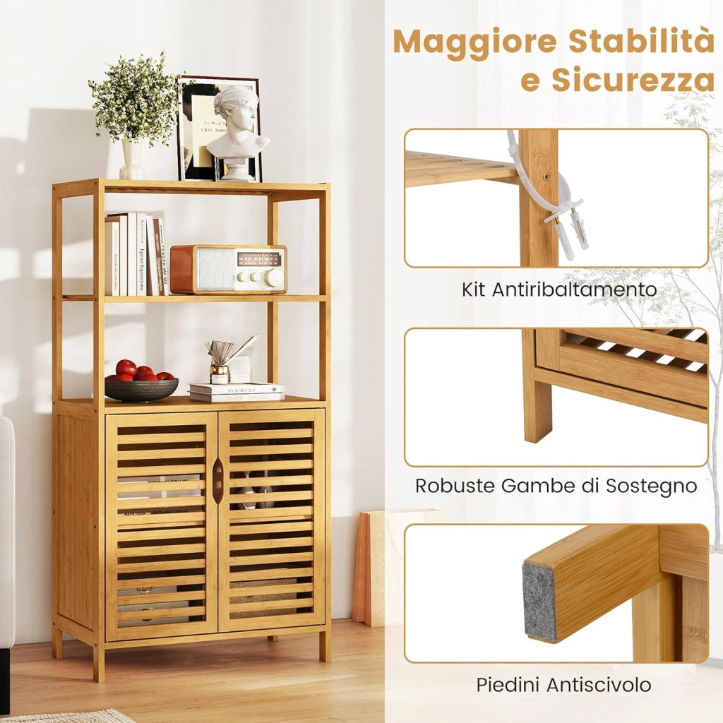 Scaffale in Bambù con Ante, Libreria a 4 Ripiani con Mensole Aperte e Armadio con Persiane, Organizzatore di Stoccaggio per Soggiorno Studio Cucina, 60 x 33 x 116 cm