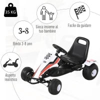 Go-Kart a Pedali Bianco per Bambini 3-6 Anni con Sedile Regolabile, Ruote in Plastica, Freno a Mano e Cambio
