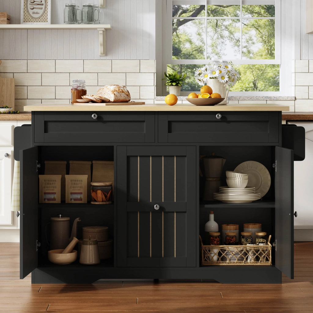 Isola cucina mobile pieghevole con piano estensibile, 2 cassetti verticali, 2 cassetti grandi e ruote frenanti