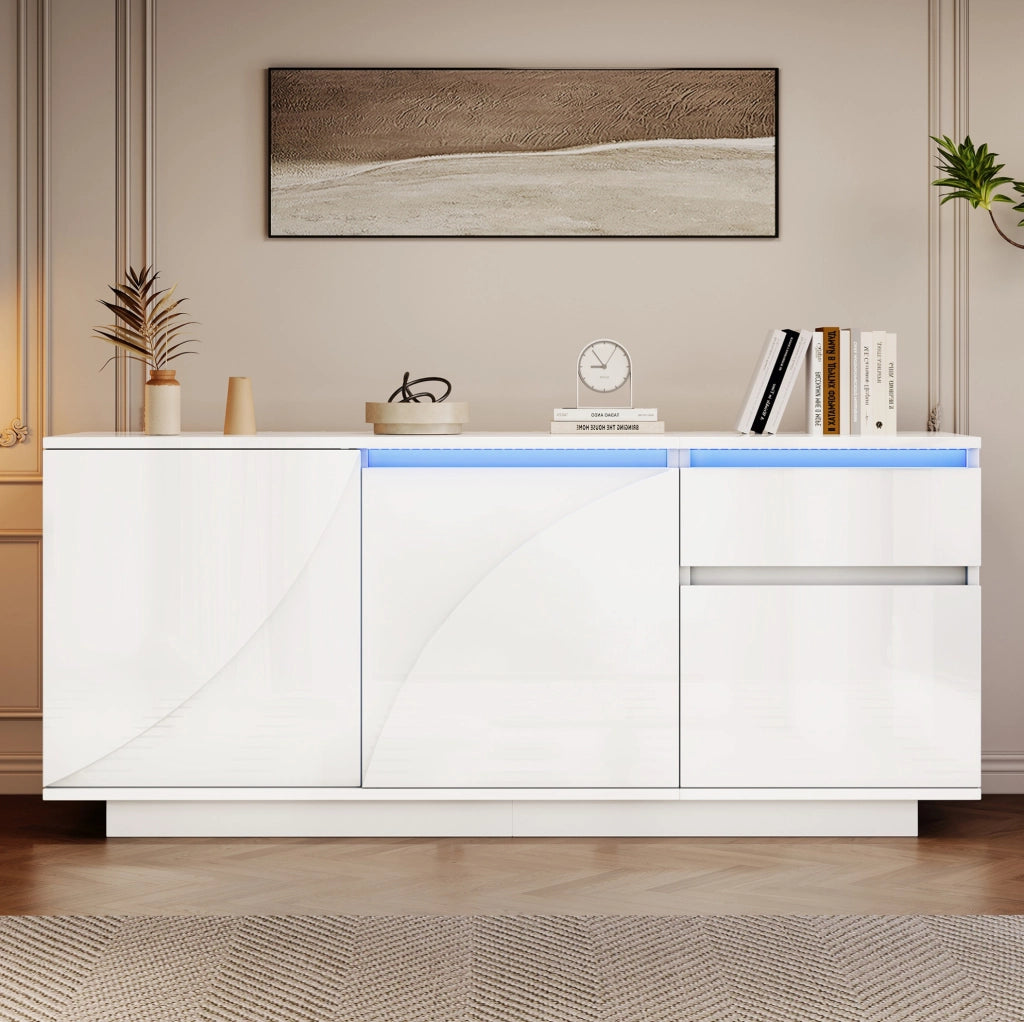 Credenza LED bianca 140x40x60 cm con 3 ante e cassetto