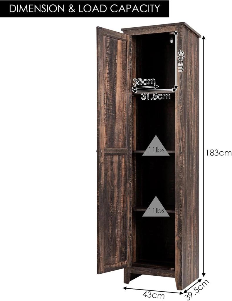 Armadio alto da 183 cm, armadio da bagno sottile con 1 anta e 4 ripiani, armadietto per cucina, soggiorno e bagno, armadio da cucina autoportante (marrone)