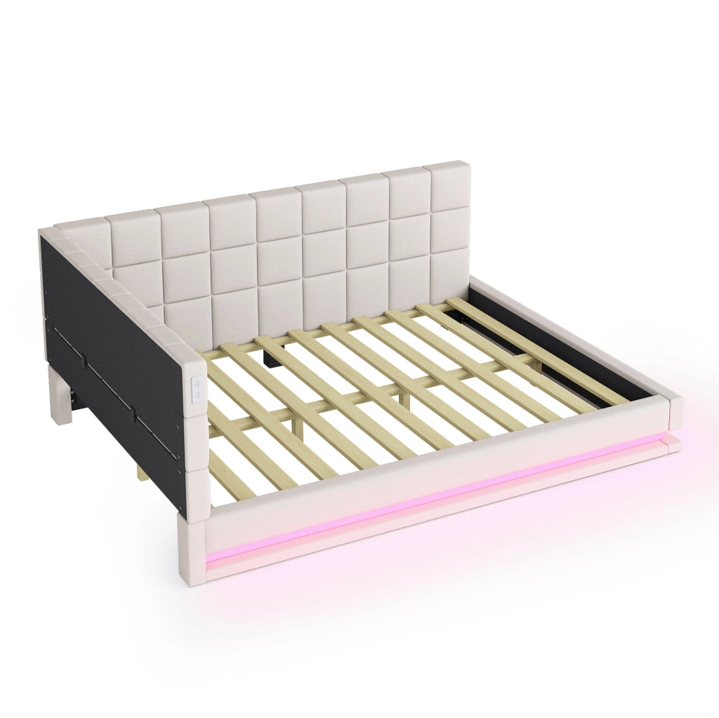 Divano letto 160x200 cm con LED e USB in lino beige