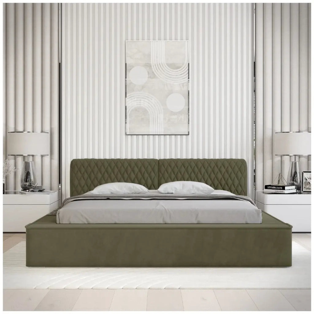 Letto contenitore VERNON – Tessuto bouclé di ciniglia Foglia d'olivo – 160x200 cm – Rete sollevabile – Design di alta gamma