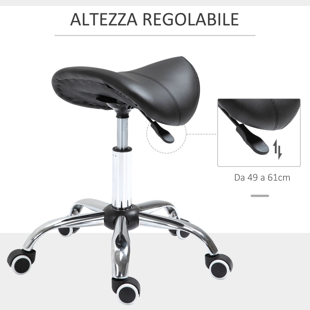 EasyComfort Sgabello da Lavoro a Sella con Ruote e Altezza Regolabile per Negozi Parrucchiere e Tattoo, 52x53x49-61cm Nero
