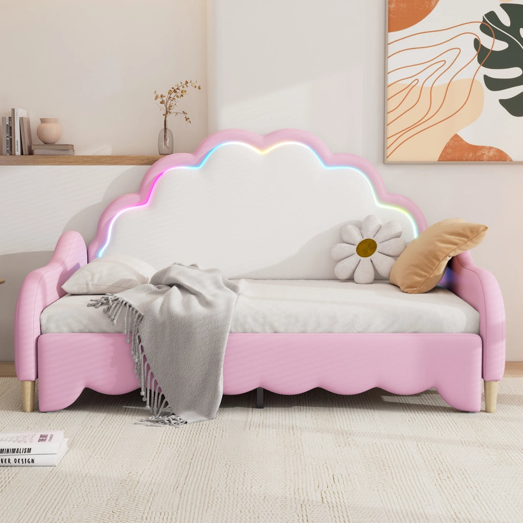 OKWISH Letto Combinato 140×198 cm, Letto Matrimoniale convertibile con LED Multicolore e Testiera, senza Materasso, in PU, Rosa