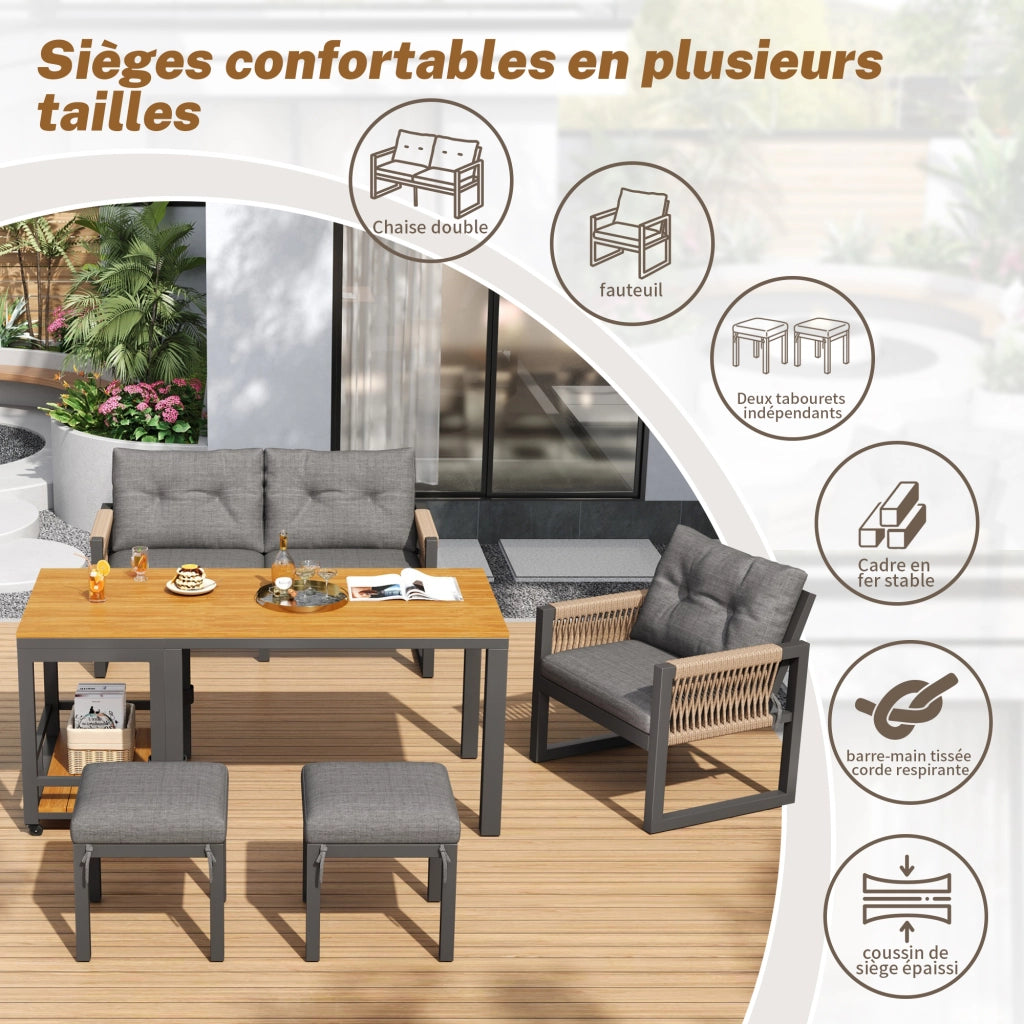 Salotto da Giardino con 1 Divano 2 Posti; 2 Poltrone e 1 Tavolo Rimovibile; per Terrazza; Ferro; Poliestere e Legno Plastico; Grigio e Naturale