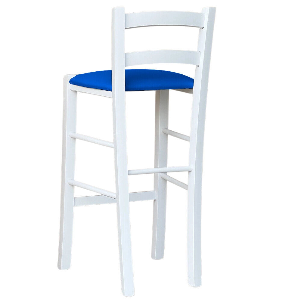Sgabello legno bianco sedile in similpelle blu h 67 cm da terra alla seduta