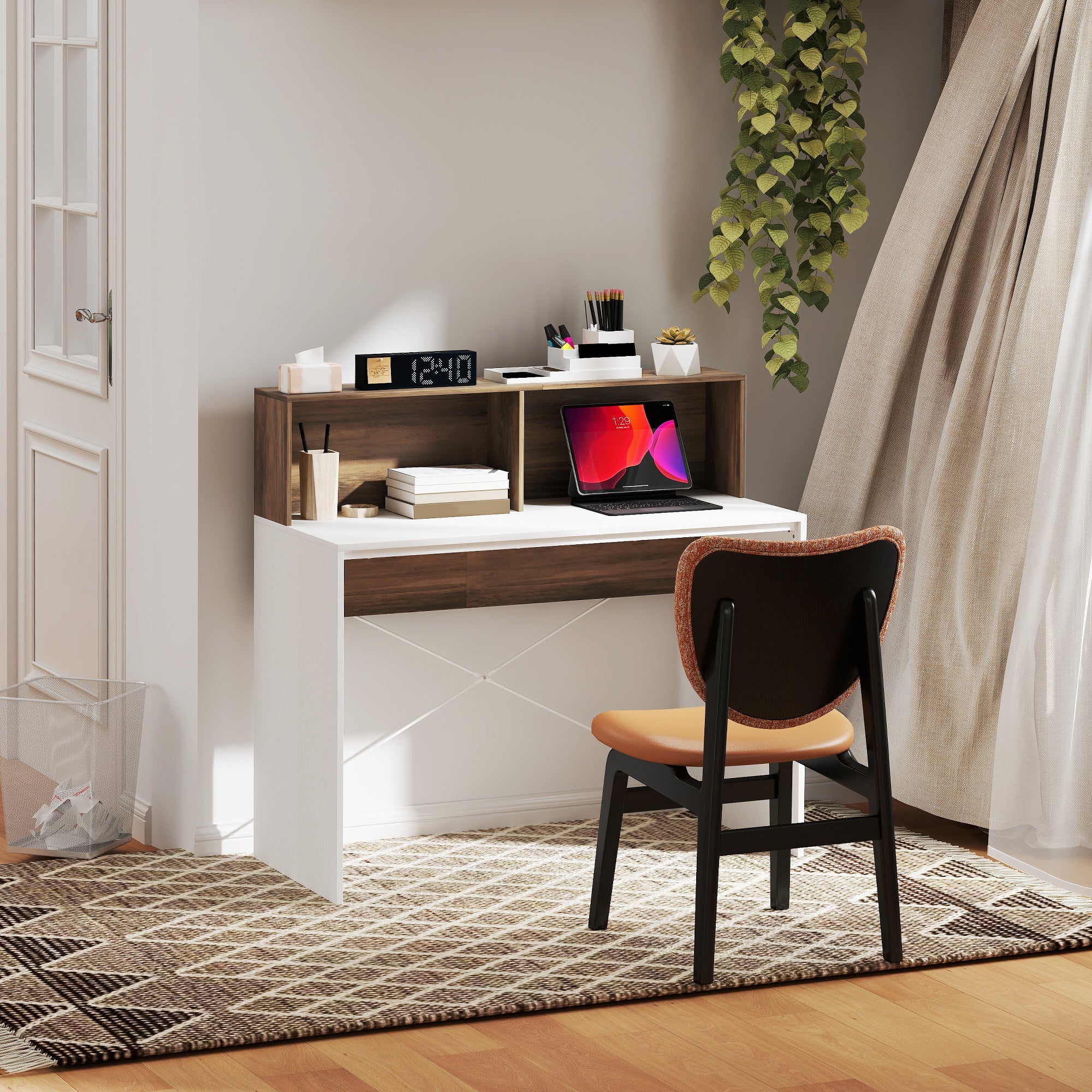 Scrivania PC Moderna 110x50x102,6 cm con Piano Rialzato Bianco e Noce