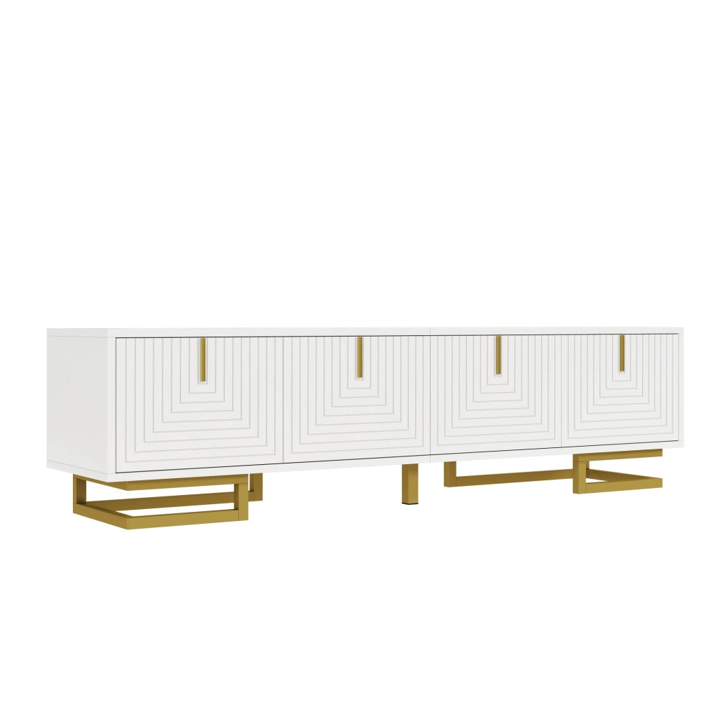 Mobile porta TV con 4 ante e ripiani interni, linee strutturate, maniglie e gambe dorate, bianco, 160 × 38 × 44,5 cm