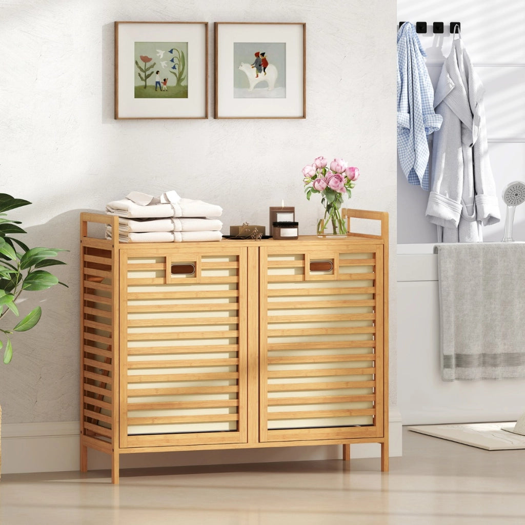 Cesto della biancheria a Ribalta 75 L, Cesta portabiancheria in bamb¨´ con 2 cestini rimovibili Naturale-Scaffali e librerie