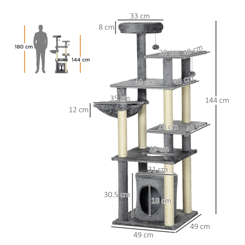 Torre per Gatti con Posti per Graffiare e Cuscino ¨C Zephmum ¨C Grigio 49x49x144 cm