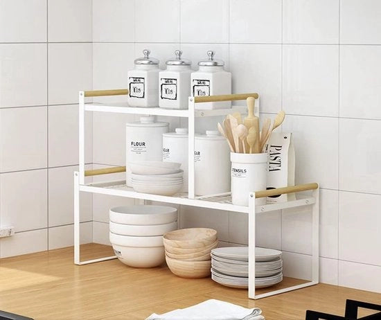 Set di mensole per cucina - mensole per spezie - adatto per l'organizzazione della cucina - 2 pezzi - bianco - ferro e legno - 35x21x20 + 53x21x20