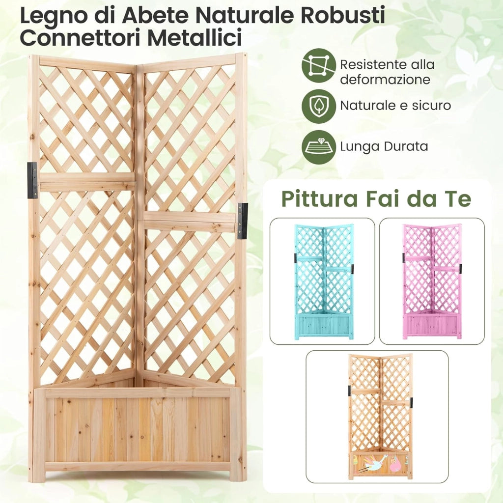 Letto da Giardino Rialzato ad Angolo con Traliccio e Fori di Drenaggio, Fioriera in Legno Elevata per Piante Rampicanti, Fiori e Verdure, Ideale per Interno ed Esterno (Naturale)