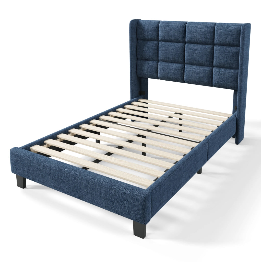 Letto singolo imbottito con testiera e rete a doghe 90x200 cm in lino blu