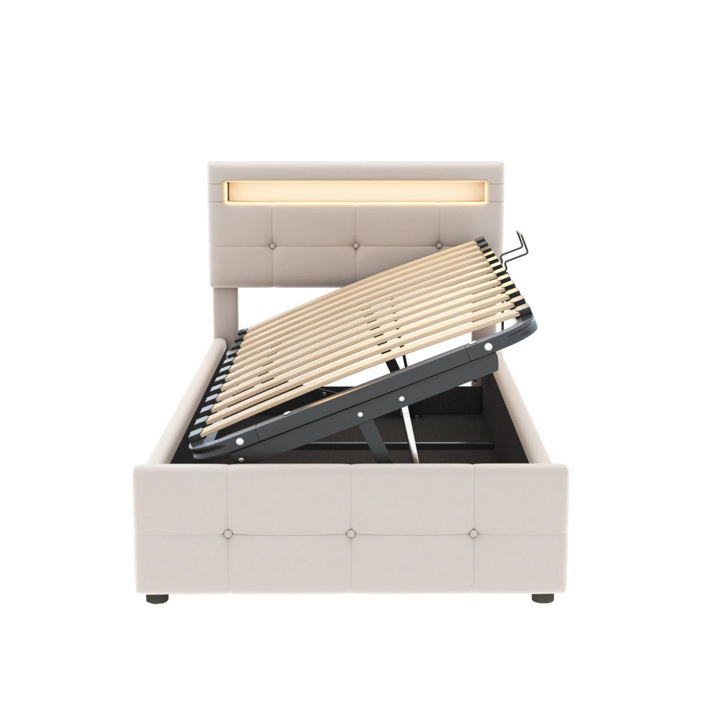 Letto imbottito singolo 90x200 cm con LED e contenitore beige