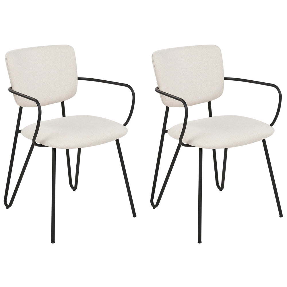 Set di 2 sedie da pranzo Rivestimento in tessuto strutturale in poliestere bianco crema Gambe in metallo nero Schienale curvo senza braccioli Design moderno e contemporaneo