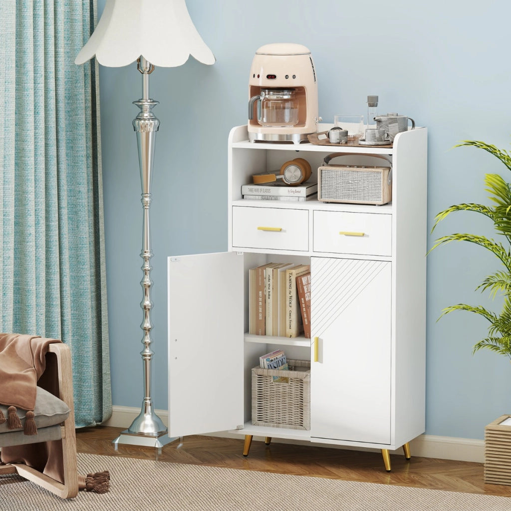 Mobile dispensa 113 cm con ante 2 cassetti e ripiano regolabile per bagno, Armadio da cucina sala da pranzo soggiorno Bianco-Credenze buffet