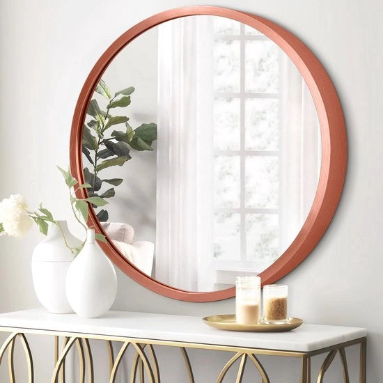 Specchio da parete rotondo in metallo con cornice per bagno, soggiorno, camera da letto, ingresso, rosso