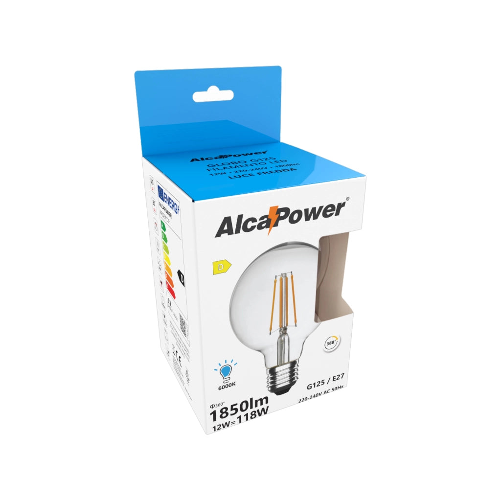 Alcapower Lampadina LED Globo G125 Filamento Trasparente 12W 1850lm 6000K E27 Luce Fredda Ø125x175mm Classe D Efficiente e Durevole G125Fil