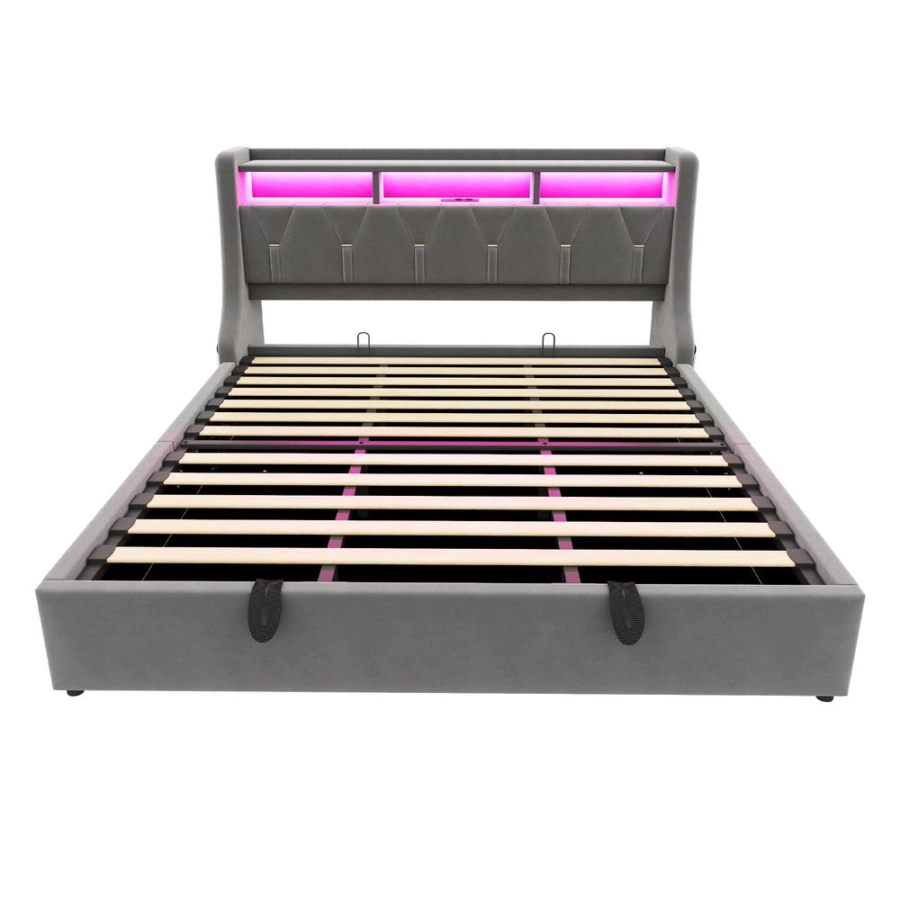 Letto Imbottito Contenitore 180x200 ¨C MINIMAL ¨C Velluto Grigio, LED, Idraulico, Testiera con Presa