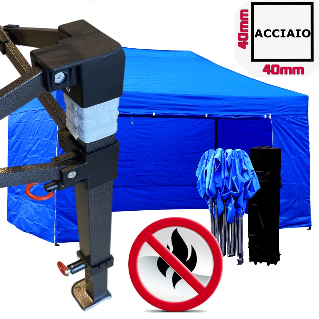 Gazebo 3x4,5m blu certificato IGNIFUGO pieghevole portatile estendibile richiudibile estensibile acciaio con laterali per fiere eventi stand chiosco tenda tendone mercato mercatino