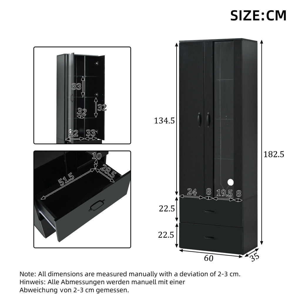 Vetrina LED 59,5x35x182 cm con 2 ante e 2 cassetti in truciolare nero