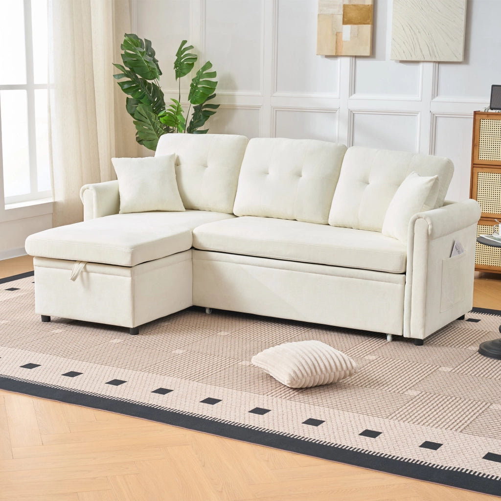 Divano angolare letto con contenitore e chaise longue reversibile in chenille beige